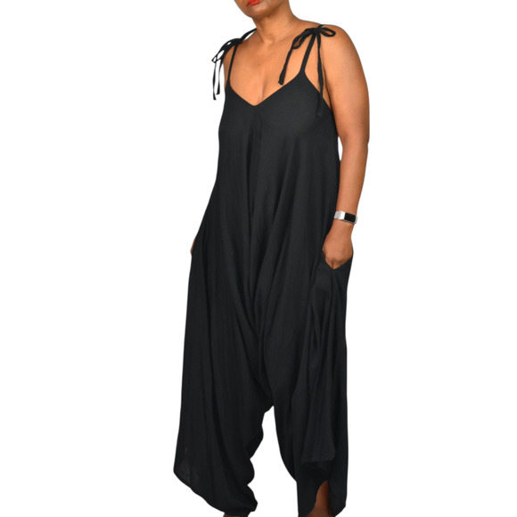 9Seed Bali Draped Jumpsuit Black Crinkle Gauze Harem Romper Drop Crotch One Size - Picture 6 of 14